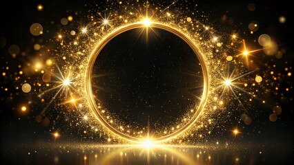 Golden Glittery Circle Emitting Light with Sparkles in a Black Background - Stunning Double Exposure Effect for Artistic and Abstract Imagery