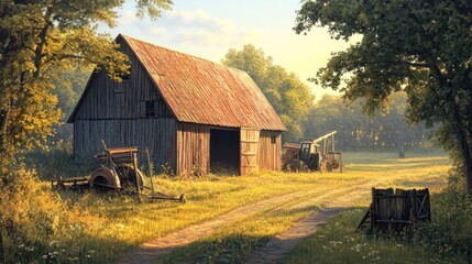 Obraz premium A weathered wooden barn with a rusty metal roof sits on a grassy field with a dirt road leading to it. Two old tractors are parked nearby. The sun is shining brightly and the sky is a beautiful blue.