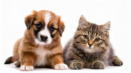Fototapeta premium puppy and little kitten isolated on white background studio shot