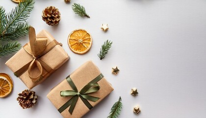 Christmas and New Year holiday background. Xmas greeting card. Christmas gifts on white background top view. Noel. Flat lay