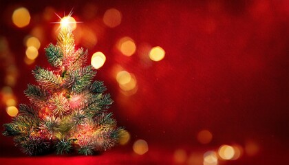 Christmas background with xmas tree and sparkle bokeh lights on red canvas background. Merry christmas card. Winter holiday theme. Happy New Year. Space for text