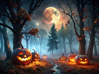 Naklejka premium Halloween Night Spooky Pumpkins Under Blood Moon – Eerie Autumn Scene with Glowing Jack-o'-Lanterns, Dark Forest, and Haunting Atmosphere for Seasonal Celebrations and Events