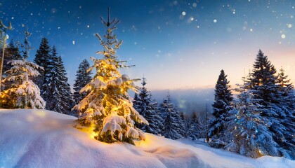 Fototapeta premium Christmas background. Xmas tree with snow decorated with garland lights, holiday festive background. Widescreen frame backdrop. New year Winter art design, Christmas scene wide screen holiday border