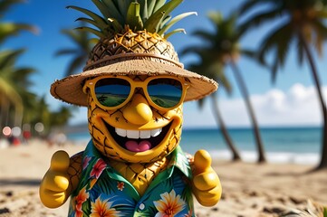 A cheerful cartoon pineapple on vacation, wearing a sunhat, sunglasses, and a Hawaiian shirt, holding a camera and map on a sandy beach with palm trees and clear blue ocean.