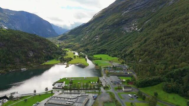Hellesylt, Norway, a waterfall near the town, drone shot, aerial video