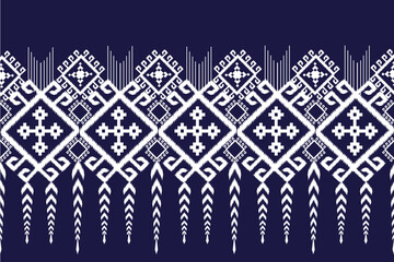 Oriental native embroidery seamless geometric pattern. White floral pattern, blue background illustration, design, vector,seamless knitted pattern