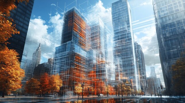 A futuristic cityscape with tall buildings and trees in the foreground, with a blue sky and white clouds in the background. The buildings are partially transparent, showing their structural details.