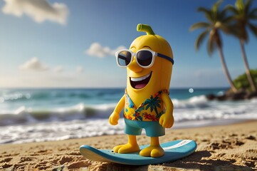 A laid-back cartoon banana with sunglasses and a Hawaiian shirt catches a wave on a surfboard. The bright ocean waves and palm trees create a fun, carefree beach day vibe.