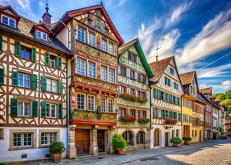 Obraz premium Historical Tenement House in Stein am Rhein, Switzerland - Charming Facade Paintings and Half-Timbered Architecture in the Old Town