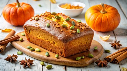Homemade Pumpkin Loaf Cake on White Background - A Delicious Fall Treat, Perfect for Thanksgiving and Autumn Celebrations, Showcasing Warm Colors and Textures for Food Photography