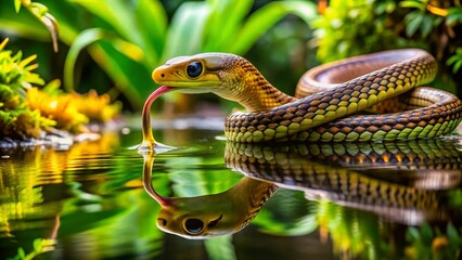 Obraz premium Indochinese Rat Snake Drinking Water in Thailand - Captivating Wildlife Photography of Ptyas korros in Natural Habitat, Beautiful Nature Scene, Serpent Details, and Refreshing Environment