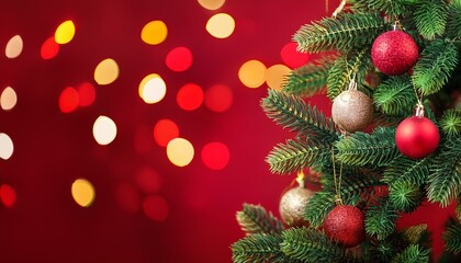 Obraz premium Christmas Tree With Ornament And Bokeh Lights In Red Background