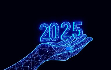 Hand holding year 2025 in digital style - An abstract image of a polygonal hand showcasing the year 2025, emphasizing future and innovation themes