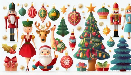 Naklejka premium Collection of beautiful baubles and decorations for Christmas tree. Set of holiday ornaments. Figures of animals, Santa Claus, nutcracker, ballerina. Colored vector illustration in flat cartoon style.
