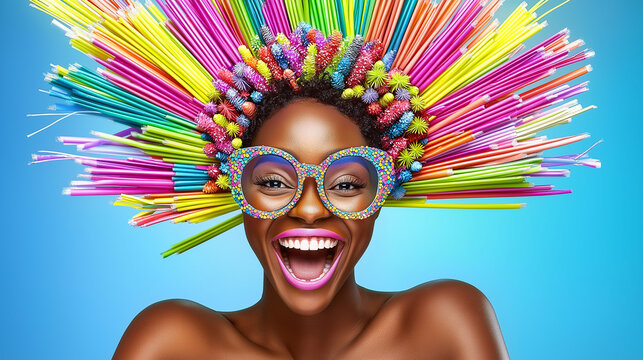 Afroamerikanisches Model mit markanter Brille, auff&auml;lligem Haar-Styling und professionellem Beauty-Make-up, selbstbewusste Pose, extravagante Fashion-Optik, atmosph&auml;risches Fotoshooting