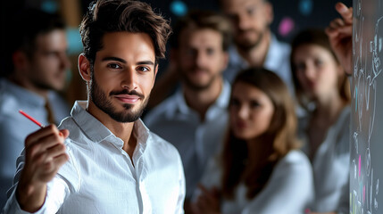 Obraz premium Young Professional Presenting Ideas on Whiteboard with Team Watching