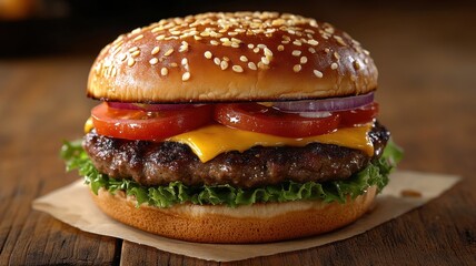 Delicious cheeseburger with a sesame seed bun, juicy beef patty, crisp lettuce, fresh tomato, onion, and melted cheese, served on a rustic wooden surface.