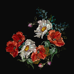 Blue meadow herbs, red roses and white chamomile flowers. Embroidery art style. Fashion summer floral template for clothes, t-shirt design