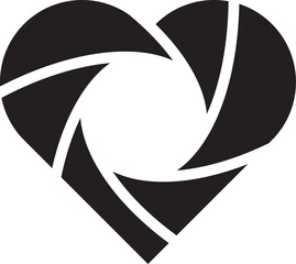 Camera shutter aperture inside love heart shape icon simple