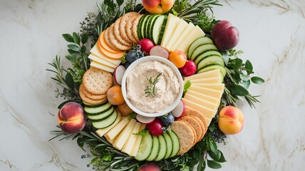 Gourmet Cheese Board with Crackers Fruits and Vegetables
