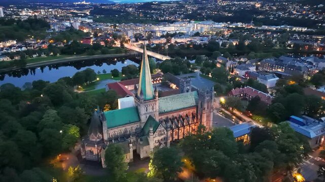 Trondheim chappel, Norway, aerial shot, drone video