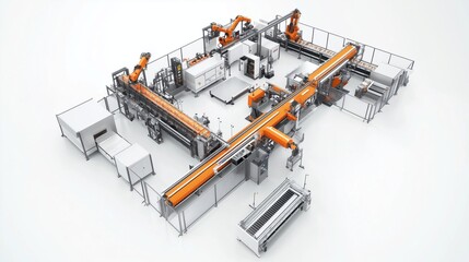 Modern automated production line processing goods with robotic arms and conveyor belts.