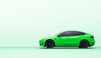 Sleek Green Electric Car Emphasizing Aerodynamic Shape and Eco-Friendly Design on Minimalist Background
