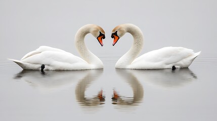 Fototapeta premium A pair of swans making a heart shape with their necks as they swim together in a serene pond