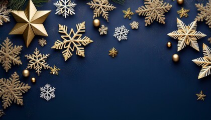 Navy christmas background with snowflakes and gold sequins