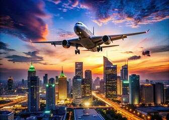 Low Light Passenger Plane Flying Over City Skyline at Dusk – Stunning Urban Aerial View with Illuminated Buildings and Beautiful Sunset Background