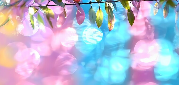 Colorful bokeh with leaves, creating a dreamy, abstract background.