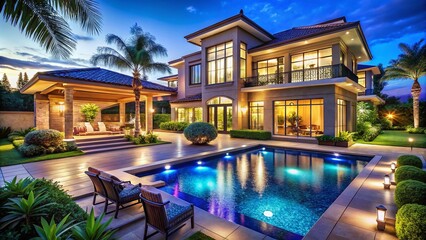 Fototapeta premium Luxurious Mansion with Pool and Landscaped Garden at Night - Elegant Illumination and Serene Atmosphere for Dream Home Inspiration