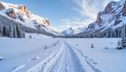 Scenic winter trail in snowy mountain landscape, peaceful outdoor adventure, copy space, New Year marathon theme