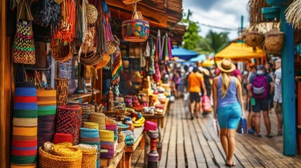 Obraz premium A bustling marketplace with colorful woven goods and a crowd of shoppers.