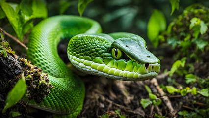 Fototapeta premium A green snake is curled up on the ground