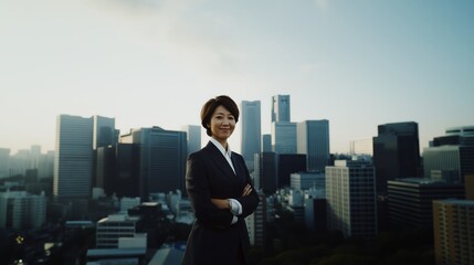 A woman in a stylish suit stands before an impressive city skyline