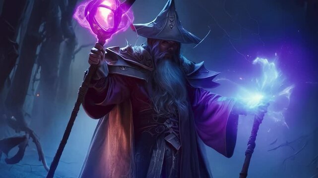 Powerful wizard casting spells in a dark forest during a mystical twilight, wielding glowing staffs and surrounded by magic