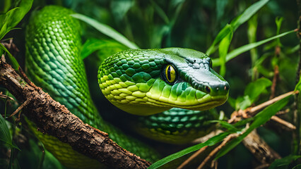 Obraz premium A green snake is curled up on a branch
