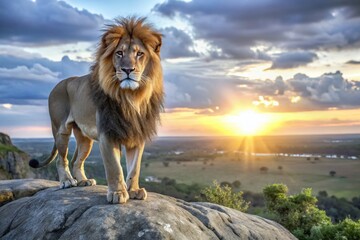Majestic Lion on Rocky Outcrop at Sunset - Macro Photography of a Regal Animal in Golden Light