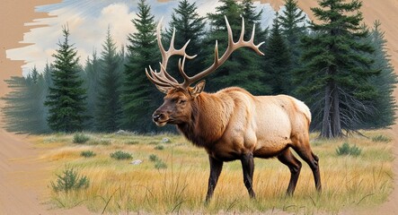 Fototapeta premium Elk with antlers in a forest hand drawing