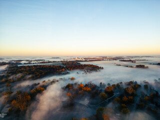 sunrise over the river with morning fog
