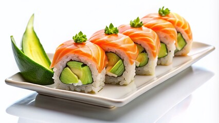 Maki Sushi Delight: Fresh Salmon and Creamy Avocado in Vibrant Colors for Culinary Art Lovers, Highlighting Japanese Cuisine and Gourmet Dining Experience