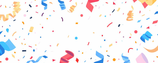 Obraz premium Festive confetti background with colorful ribbons and party streamers, vector illustration isolated on a white background