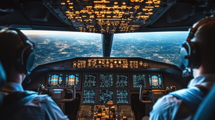 Fototapeta premium Cockpit view from a commercial aircraft flying at night over a sprawling city illuminated below