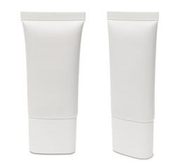 White blank cosmetic tubes, on transparent background. Front and side view. Clean and simple design. Skincare or beauty product, such as lotion, cream, or cleanser, ideal as branding mockup.