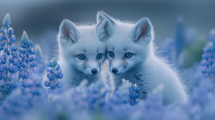 Two arctic fox cubs among blue lupine flowers in natural habitat