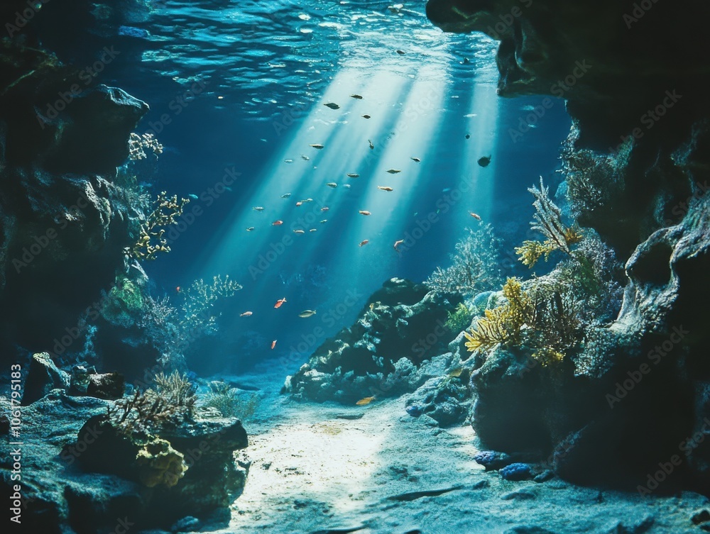 Poster a diver rests peacefully in a serene underwater environment surrounded by vibrant marine life and so