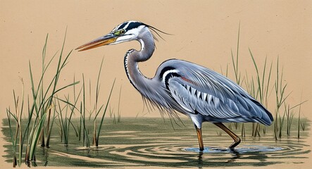 Heron wading in a marsh hand drawing