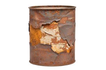 Explore the beauty of a dented tin can rust and history captured on white background