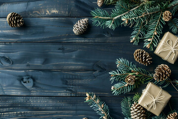 Christmas background with dark wood, gifts and pine cones on black table top view